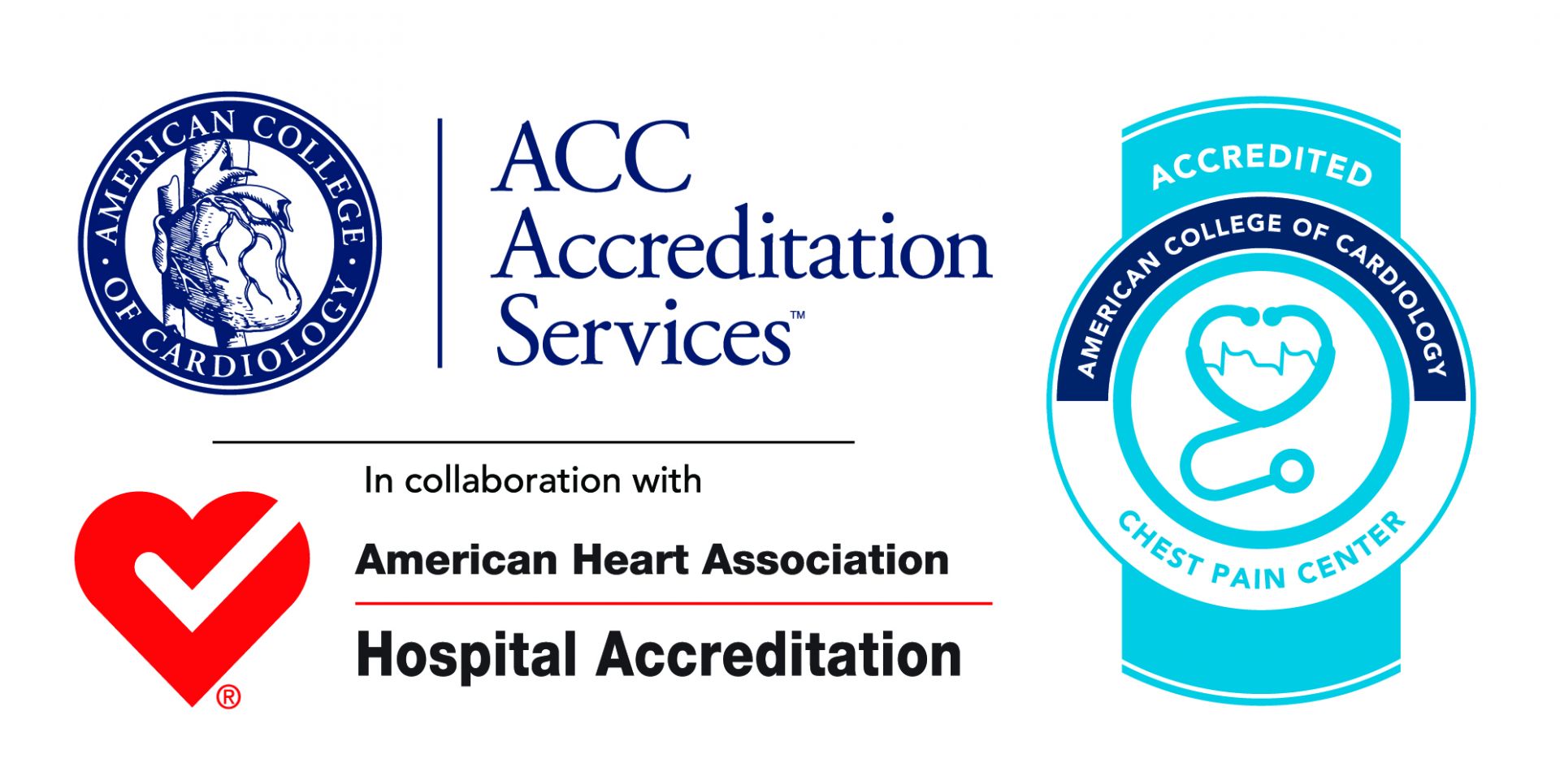 Multiple accreditation logos from the ACC Accreditation Services including the American Heart Association and American College of Cardiology.
